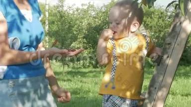 一个可爱的男孩和他的母亲在樱桃树附近。 一个女人拿出石头给她儿子浆果。